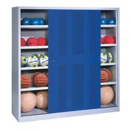 C+P Ballschrank mit Lochblech-Schiebetüren (Typ 4), HxBxT 195x190x60 cm, Enzianblau (RAL 5010), Einzelschließung