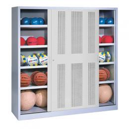 C+P Ballschrank mit Lochblech-Schiebetüren (Typ 4), HxBxT 195x190x60 cm, Enzianblau (RAL 5010), Gleichschließung